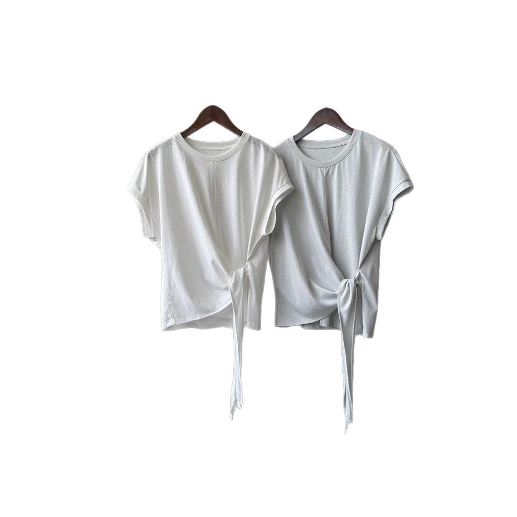 French strap waist short-sleeved T-shirt women's summer design sense casual loose and thin temperament thin versatile top