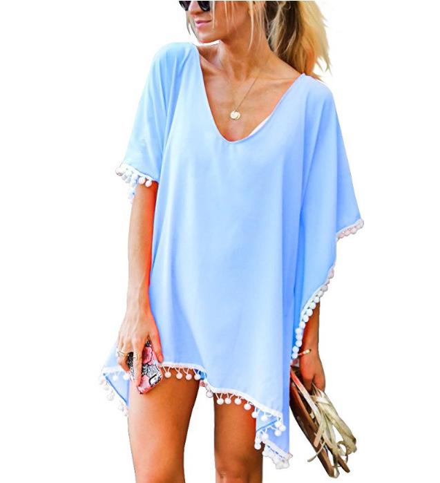 Chiffon Tassel Beach Cover-up: European & American Style with Fur Ball Accents