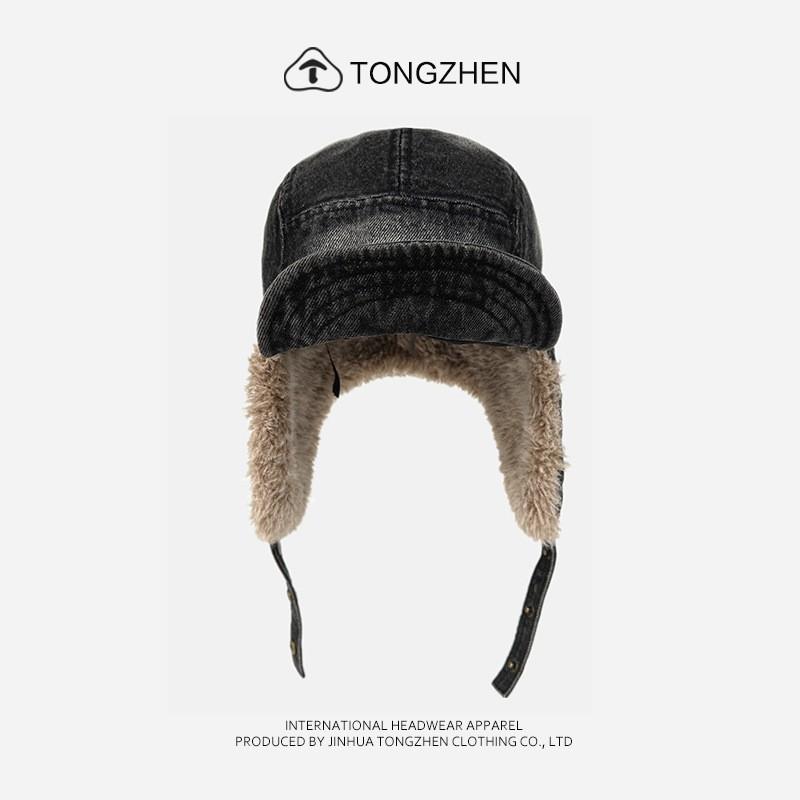 Warm Winter Fleece-Lined Denim Trucker Hat With Ear Flaps Unisex Retro Washed Cap Cold Weather