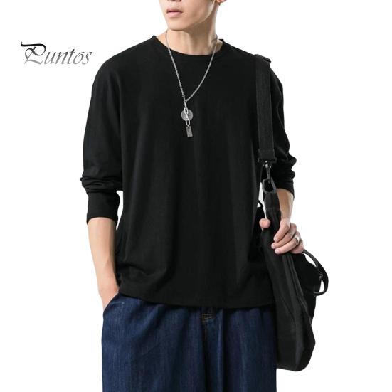 Herrenhemd Rundhals Langarm Weiches Atmungsaktives T-Shirt Einfarbig Lockere Passform Frühling Sommer Casual Tops