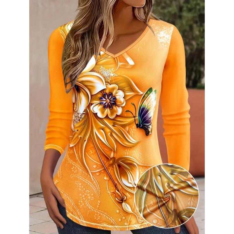 Women s Basic V-Neck Long Sleeve,Floral & Butterfly Printed Polyester Relaxed Fit Tees Shirt,Spring Fall S