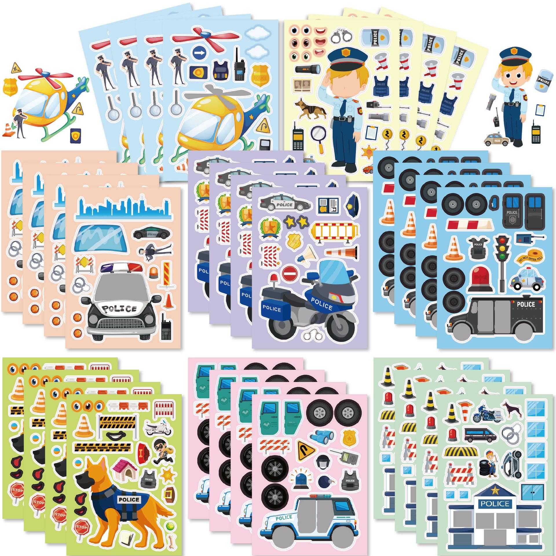 

16Sheets Cartoon Vocation Police Theme DIY Make A Face Stickers Puzzle Toys for Kids Boy Birthday Baby Shower Party Favors Gifts 15x21cm