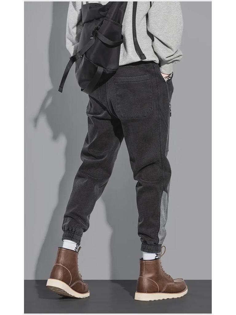 Men's Korean Style Black Cuffed Jeans - Casual Loose Fit Harem Pants for Spring and Autumn