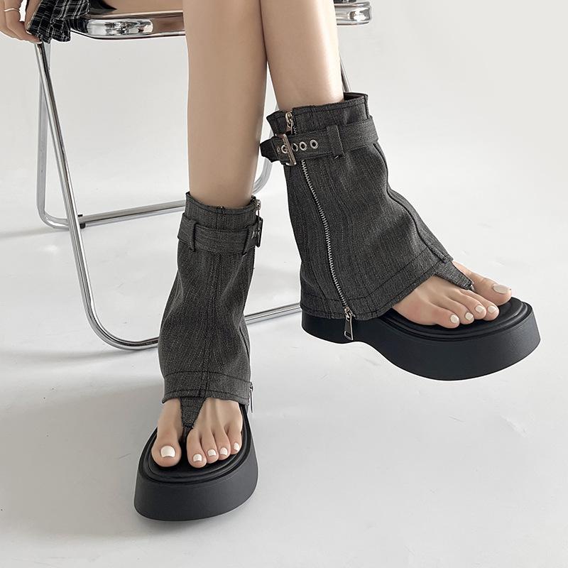 Black High-end Wedge Heel Platform Herringbone Sandals Women's 2025 New Summer Wear with Skirt Casual Cool Boots