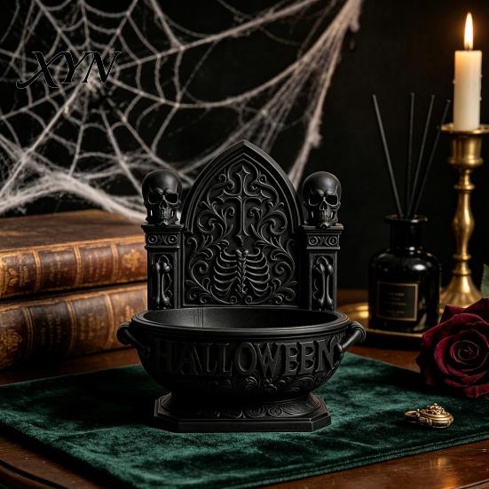 Gothic Skull Candy Bowl Halloween Cathedral Bowl, 3D Printed Spooky Dark Storage Matte Black Desk Organizer Dish, Desktop Snack Serving Tray for Home