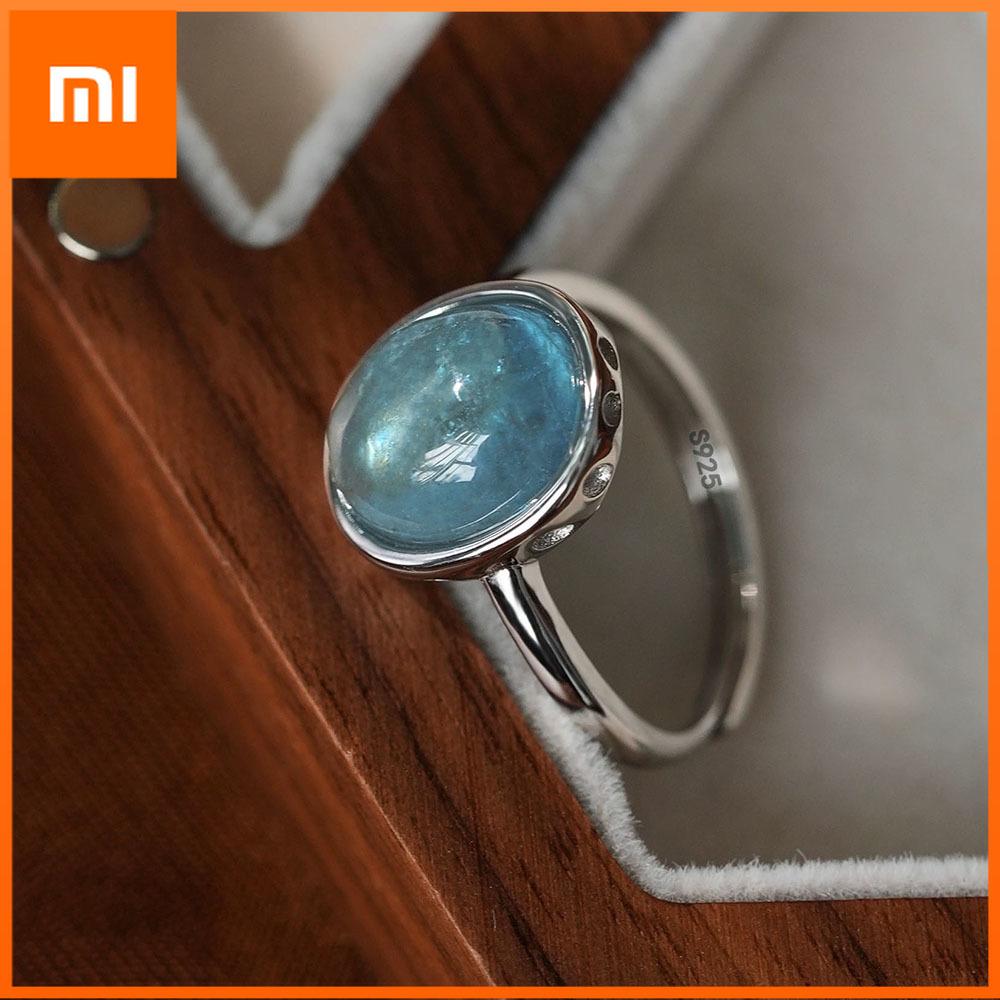 Xiaomi 925 Sterling Silver Simple Ring For Women Fine Jewelry Finger Adjustable Open Vintage Blue Stone Ring For Party Birthday Gift