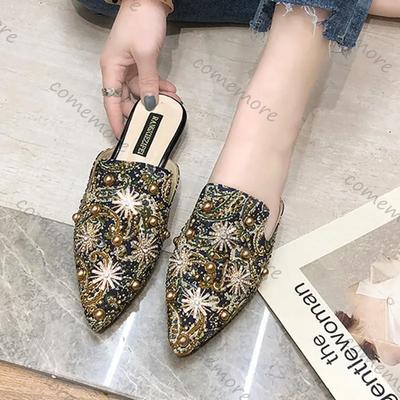 Comemore Women Slippers Pointed Rhinestone Rivet Flat Women Shoes Slip-On Mules Loafer Sandals Slides Ladies Shoes