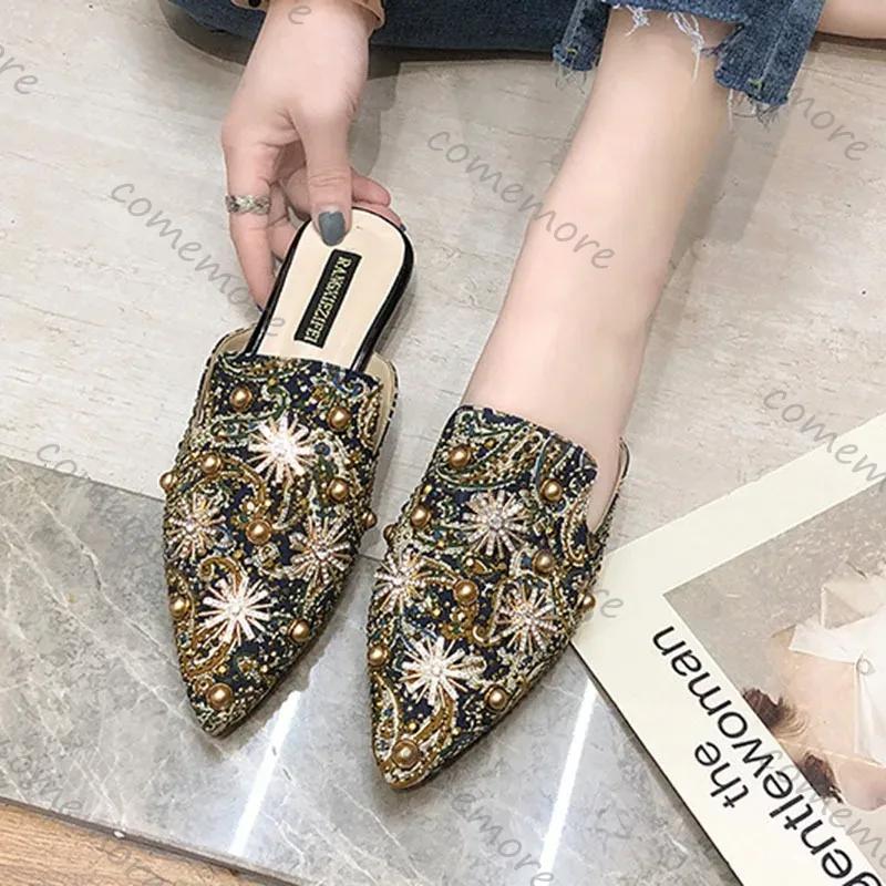 Fashion Comemore Women Slippers Fashion Pointed Rhinestone Rivet Flat Women Shoes Slip-On Mules Loafer Sandals Slides Ladies Shoes