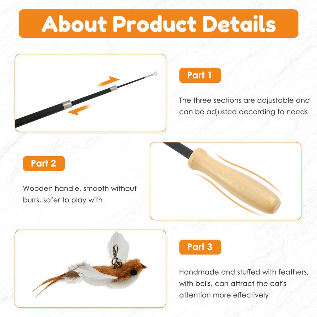 Cat Teaser Wand Toys Interactive Cat Feather Toy with 2 Birds and 3 Feather Refills Retractable Pole for Pet Lovers