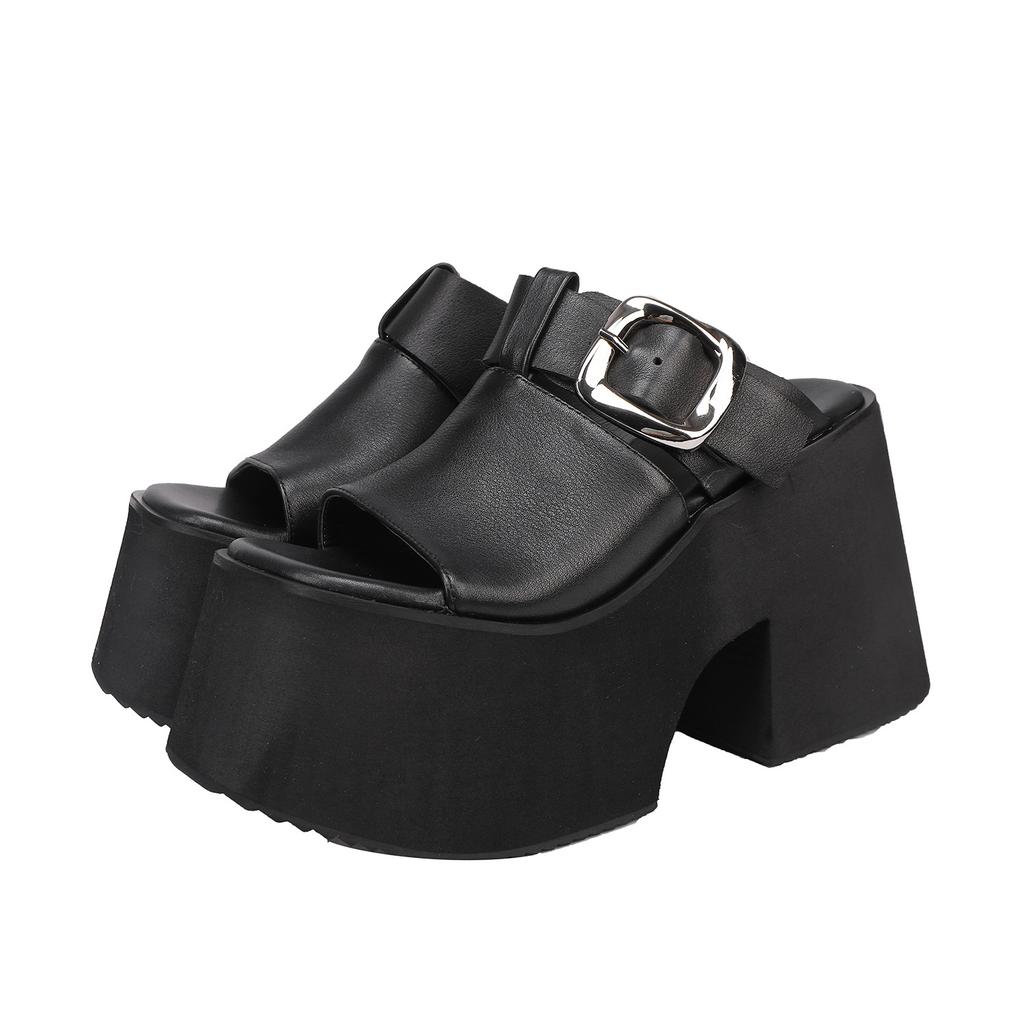 Mode GKTINOO 2025 Sommar Nya Äkta Läder Tjocksulade Höjdökande Tofflor Trendiga Damers Superhöga Klackar Sandaler