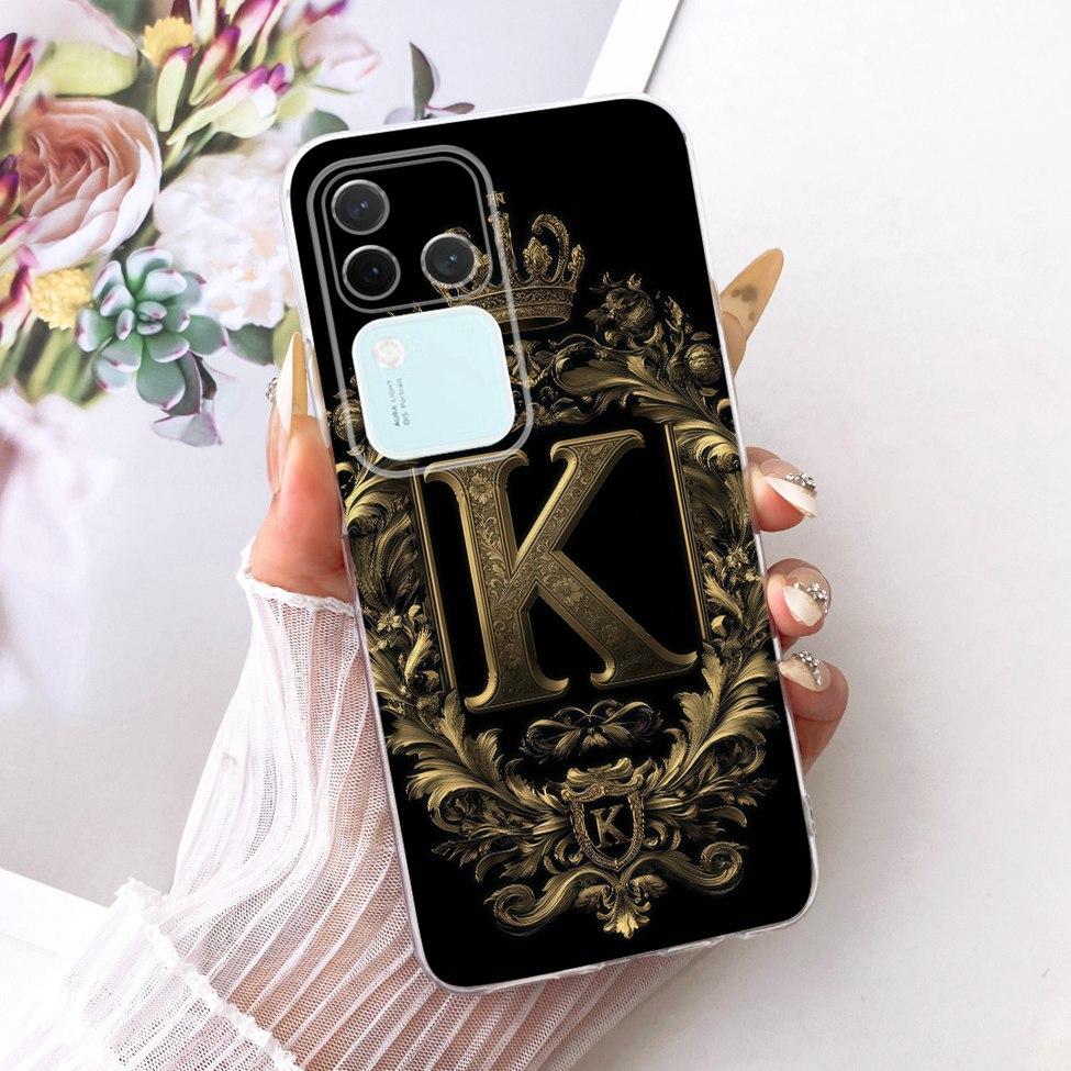 Für Vivo S18Pro V2344A Hülle Für Vivo S18 Pro Abdeckung Transparent Luxus Krone A-Z Buchstaben 2D Flaches Muster Weiches Gehäuse