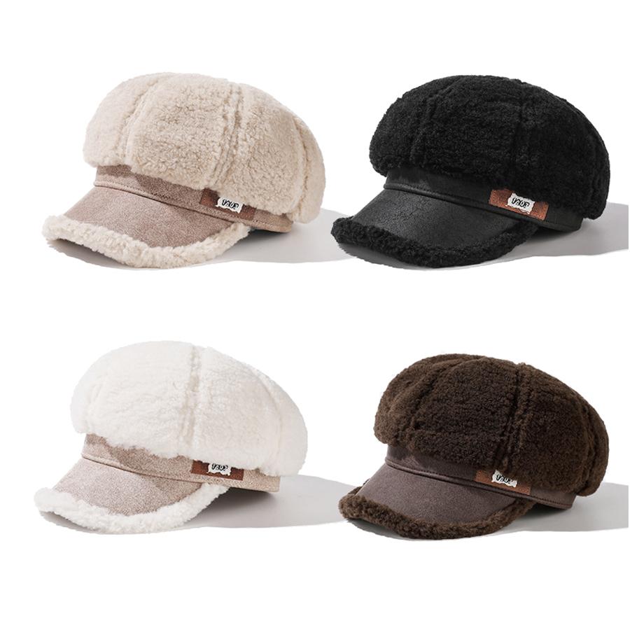 Thick Plush Stitching Octagonal Cap Women's Winter Warm Beret Ear Protection Cap