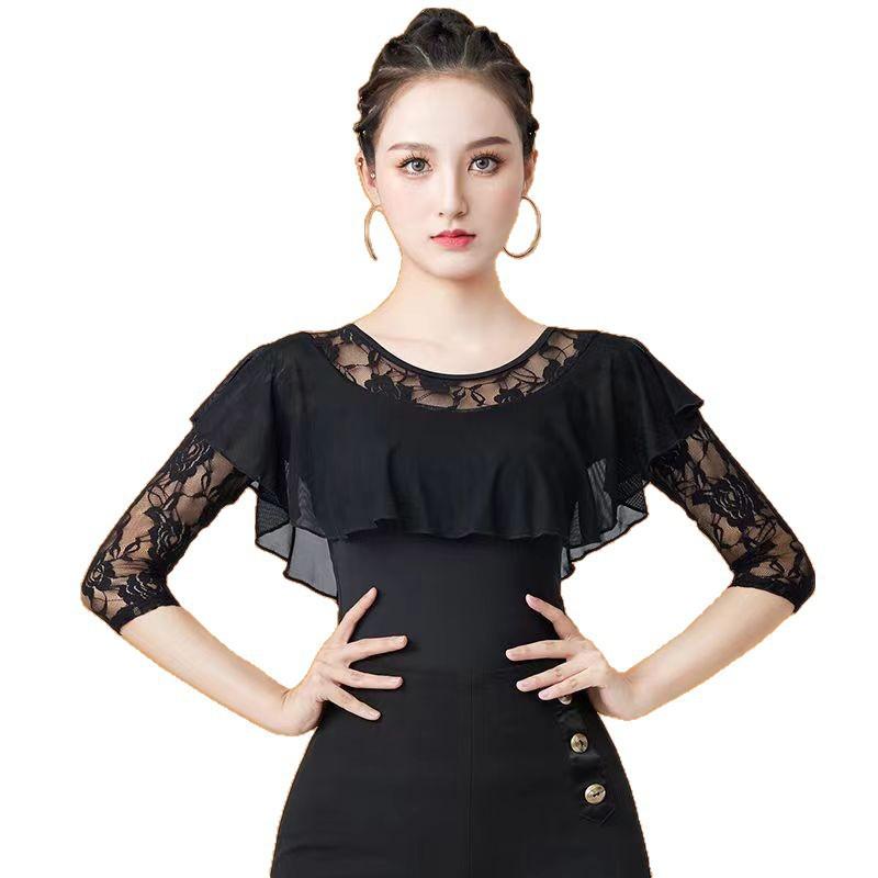 Womens Latin Dance Top With 3/4 Sleeves Round Neck Practice Wear Ballroom Dancing Fall Winter