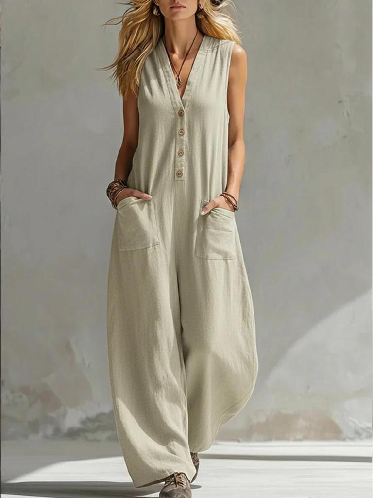 2026 European-American Double Pocket Linen Cotton Sleeveless Casual Jumpsuit