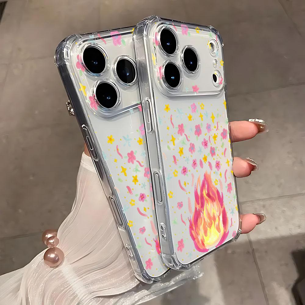 Shockproof Transparent Phone Case For iPhone 17 Air 16 15 14 13 12 11 Pro Max Plus Mini Sketch Small Flame Painted Cases Cover