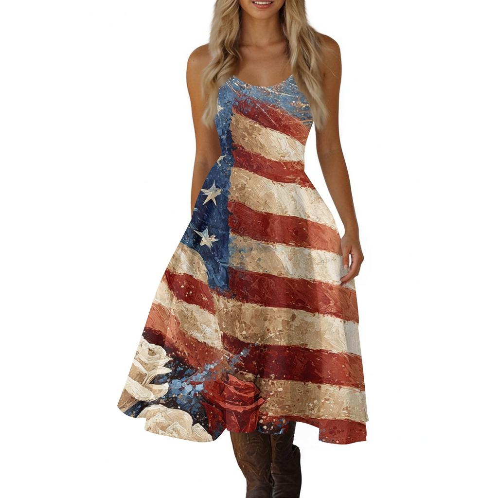 Women's Casual Fashion Independence Day Print V-Neck Retro Sleeveless Dress
