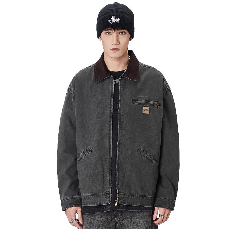 GURBAKS Vintage Distressed Washed Jacket for Men - Heavyweight Colorblock Lapel Workwear.