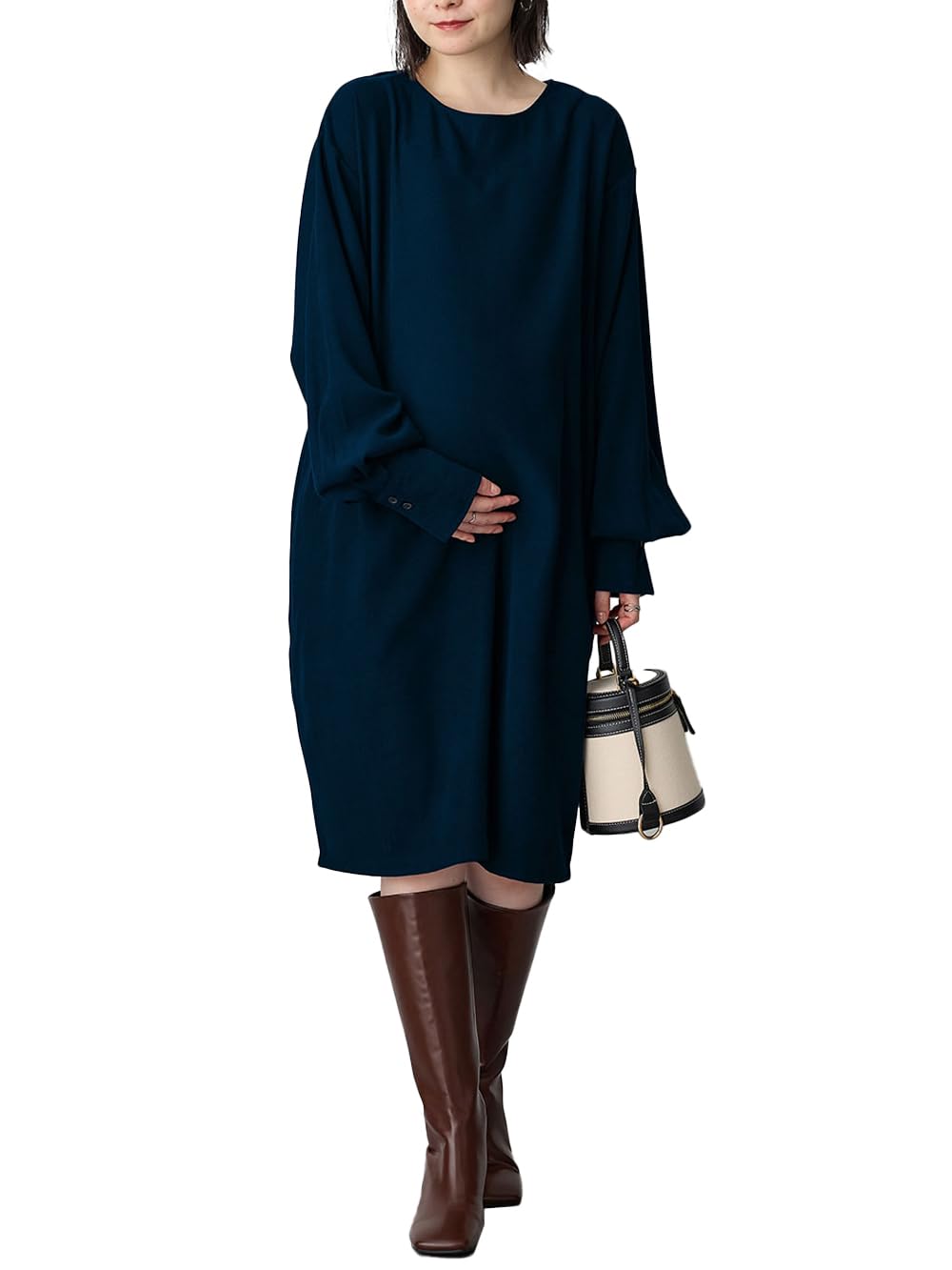 

Maternity Nursing Clothes Slightly Brushed Mini Long Body With Navy [ANGELIEBE] Dress, Twill, Dress, Sleeve, Covering, Women s, Loose, Pockets, M, Темно-синій