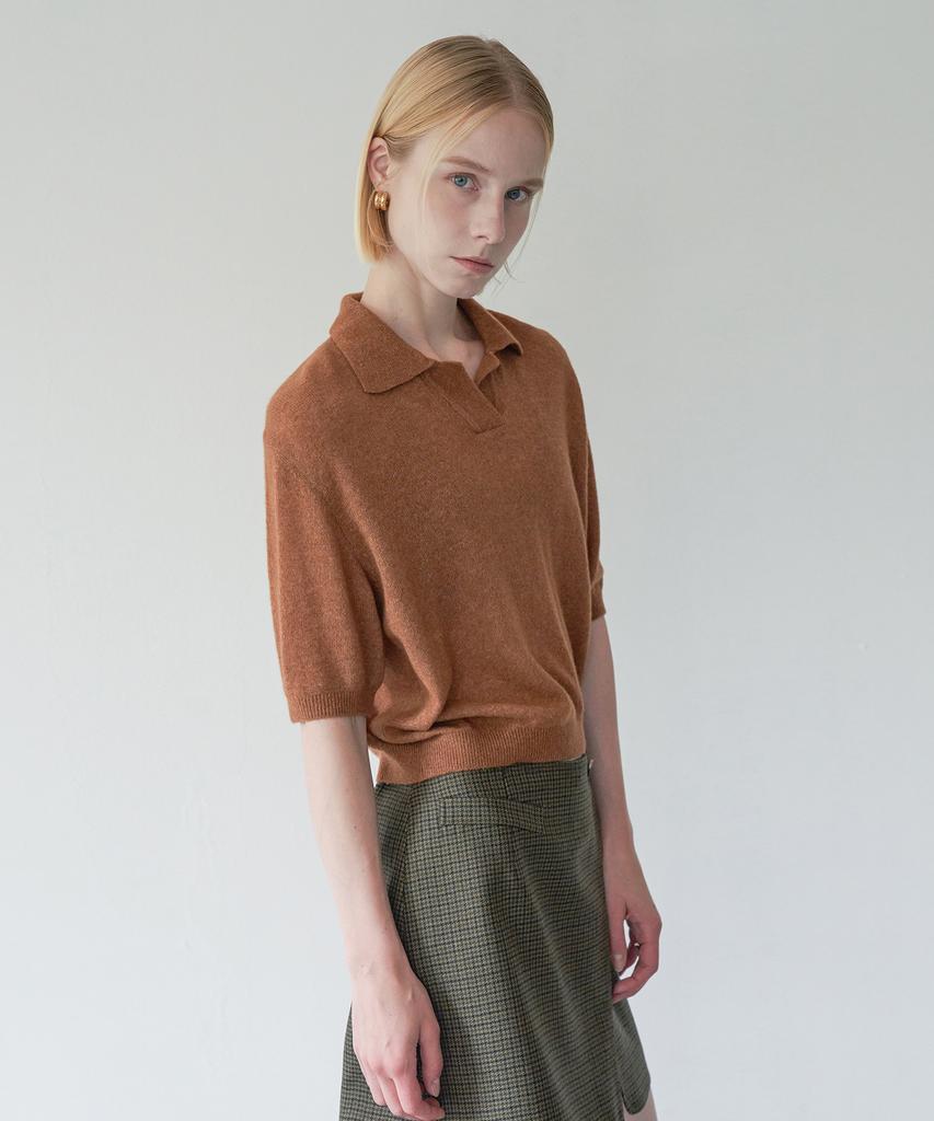 PELOTE Wool Cashmere Knit Collared Top (Brown)