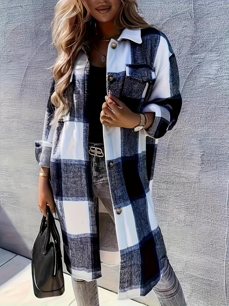 Stylish Plaid Print Womens Long Jacket - Relaxed Casual Button Front with Flap Pockets - Durable Outerwear for Everyday Fashion