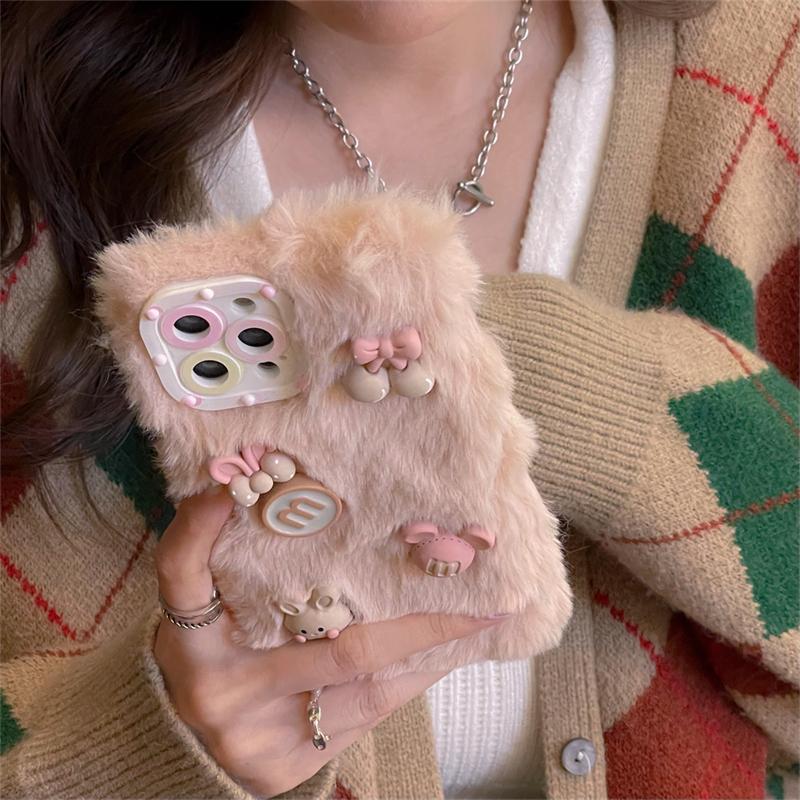 Ins koreanische süße 3D-Cartoon-Plüsch-Rosa-Telefonhülle für iPhone 13 12 11 Pro Xs Max X Xr 7 8 Plus Winter weiche stoßfeste Rückseite