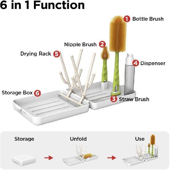 YOTIME Travel Bottle Brush, Travel Bottle Cleaner Kit with Foldable Bottle Drying Rack, for Visit Friends and Relations, Baby Travel Essentials, BPA