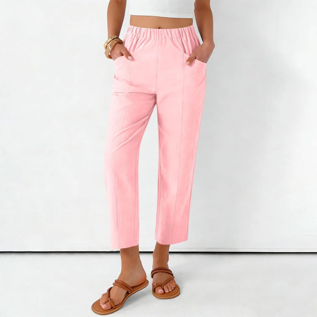 Women's Fashionable Loose-Fit Pocket Cotton-Linen Blend High-Waisted Wide-Leg Pants Casual Cropped Trousers