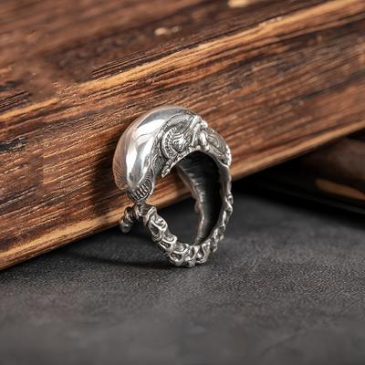 Retro Alien Xenomorph Adjustable Open Ring for Women Men Silver-plated Copper Gothic Punk Edgy Jewelry Halloween Accesssory Gift
