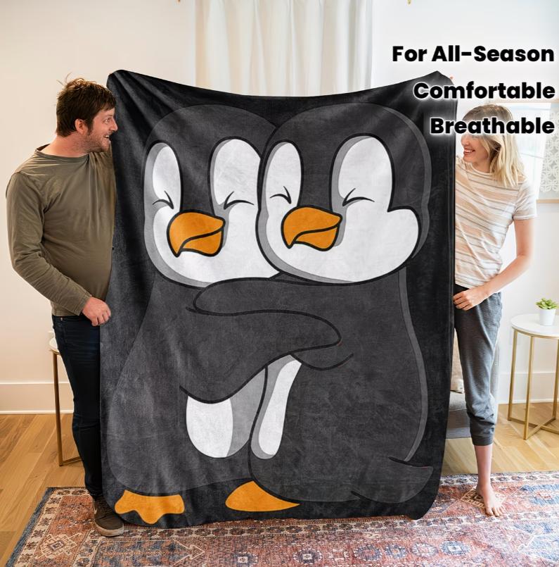 A Comfortable Cute Double Penguin Theme Fleece Blanket, Soft High-Definition Digital Print Soft, Breathable All-Season Family