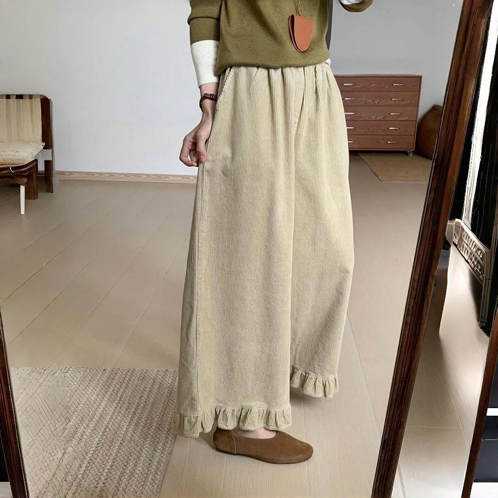Japanese Retro Lace Trim Wide-Leg Pants for Women - High-Waisted Ankle-Length Versatile Casual Trousers for Spring