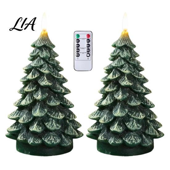 Indoor Holiday Lighting Christmas Tree Candles, Flameless LED Flickering Wax Candles with Remote Control, Battery Operated Realistic Pine Decor