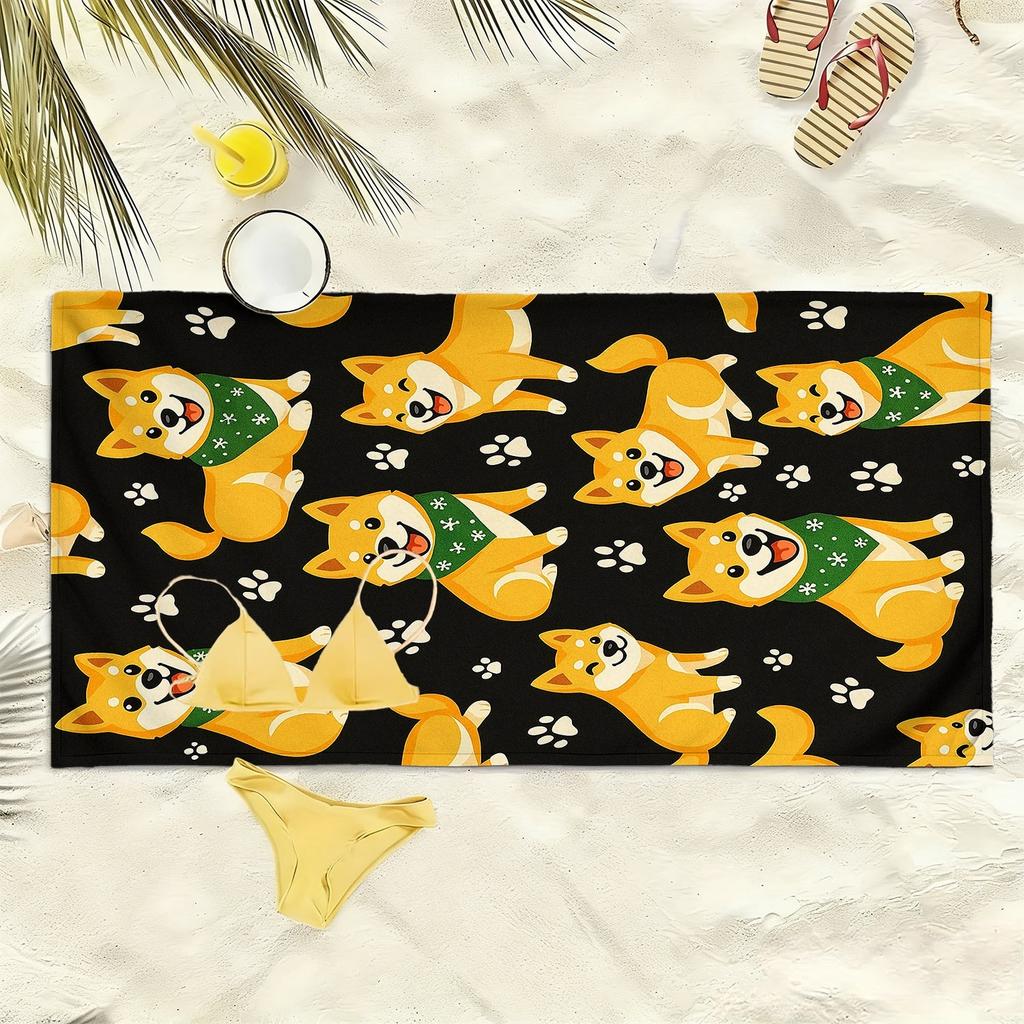 1PC Cute Shiba Inu Soft Beach Towel, Cartoon Paw Print Pattern, Perfect Christmas Gift for Friends Outdoor Holiday Use