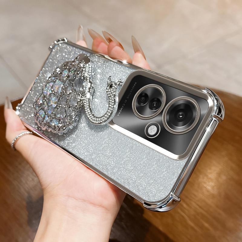 KEYSION Shockproof Plating Phone Case for OPPO Reno11 F 5G Clear TPU Glitter Jewelled Swan Kickstand Back Cover for OPPO Reno11F 5G