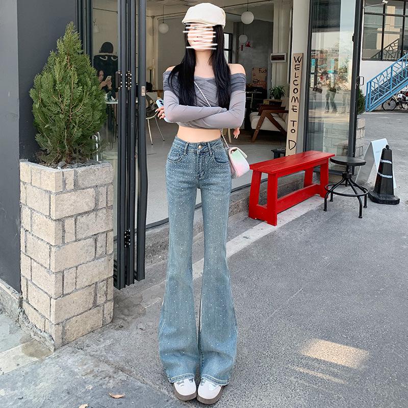 Retro Blue Rhinestone Micro Flare Jeans for Kids - High Waist, Slimming, Floor-Length, Stylish Spring Design S