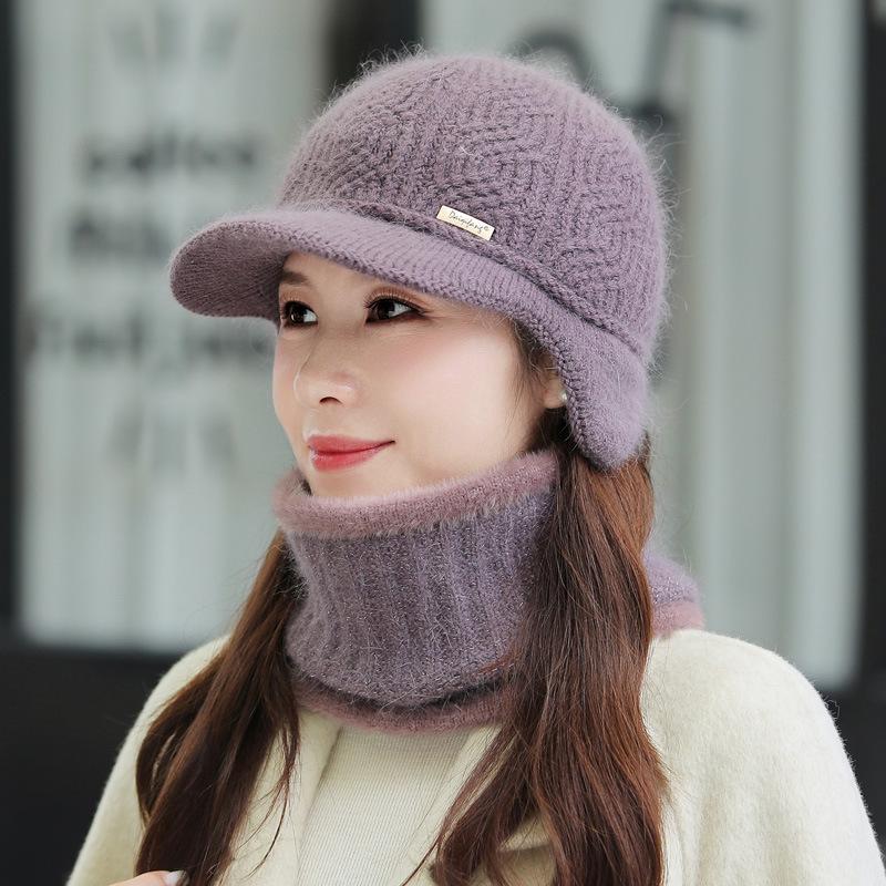 

Зимний комплект шапка-шарф для защиты ушей, теплая вязаная шапка-пуловер для бабушки, утолщенная шапка из плюшевой шерсти average size (56cm~ 58cm) лавандовый