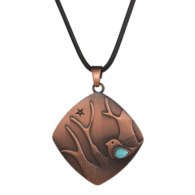 New Square Bird Turquoise Inlaid Leather Rope Pendant Women's Creative Bohemian Bird Branch Necklace