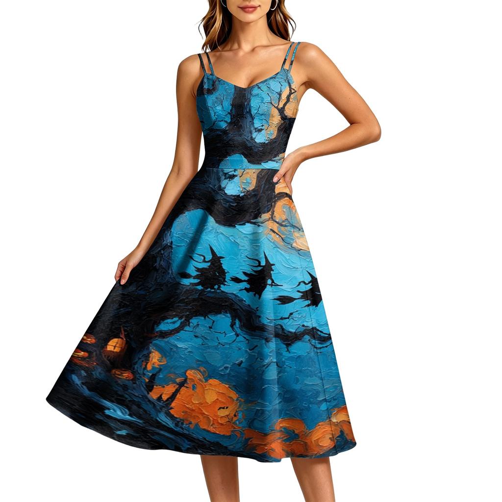 Women's Casual Round Neck Sleeveless Dress with Halloween Print for Party and Daily Wear