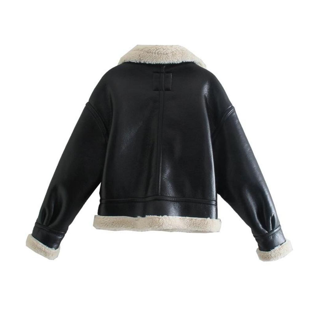MESTTRAF Frauen Mode Dicke Warme Winter Faux Leder Jacke Mantel Vintage Lange Hülse Weibliche Oberbekleidung Chic Tops