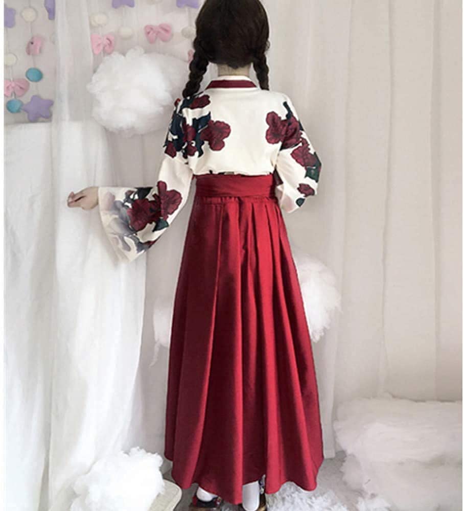 Taisho Roman Hakama Japanese Clothes Kimono Cosplay Costume Long Disguise Yukata Rose Rose Pattern [Lady Lazy] Women's Women's (Red, S)