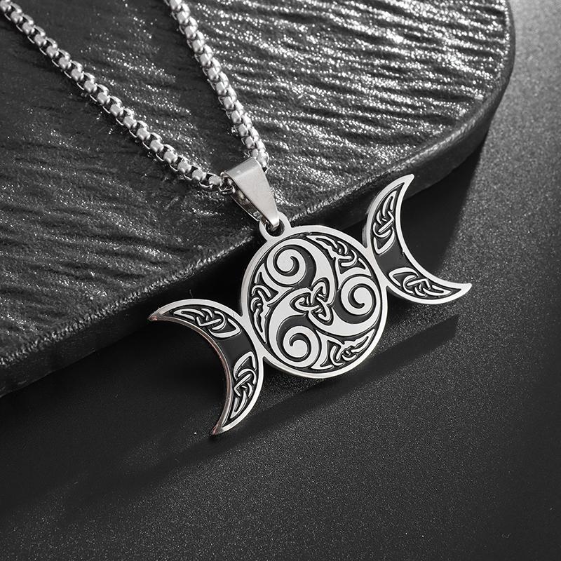 Stainless Steel Witch Triple Moon Protection Spiral Pendant Necklace for Men Women Pagan Trinity Celtic Knot Necklace Jewelry
