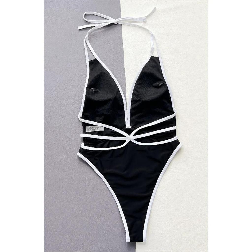 Sexy Deep V Neck Halter Backless One Piece Swimsuit Women Swimwear Female High Leg Cut Monokini Bather Bathing Suit Swim