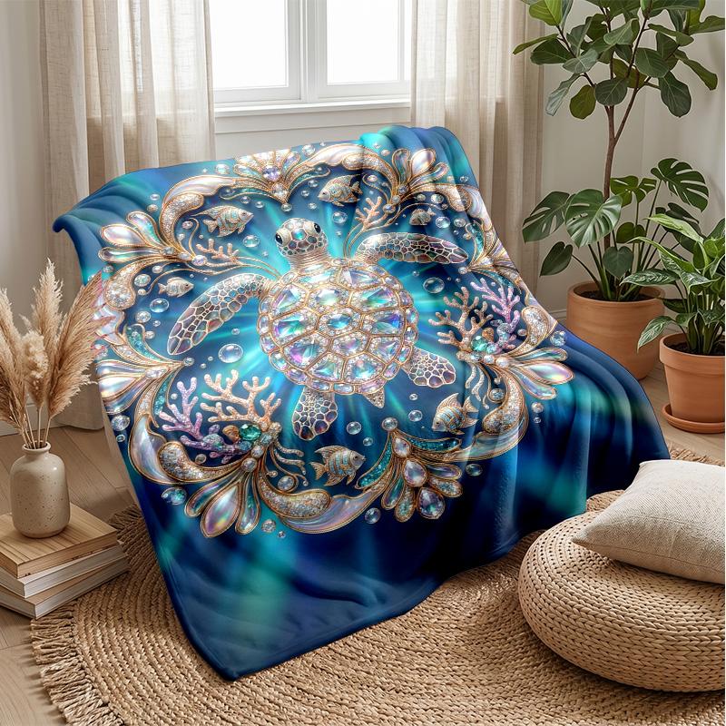 Oceanic Jeweled Turtle 1 Theme Blanket Lightweight Warm Flannel Blanket Decorative Throw Blanket for Home Decoration