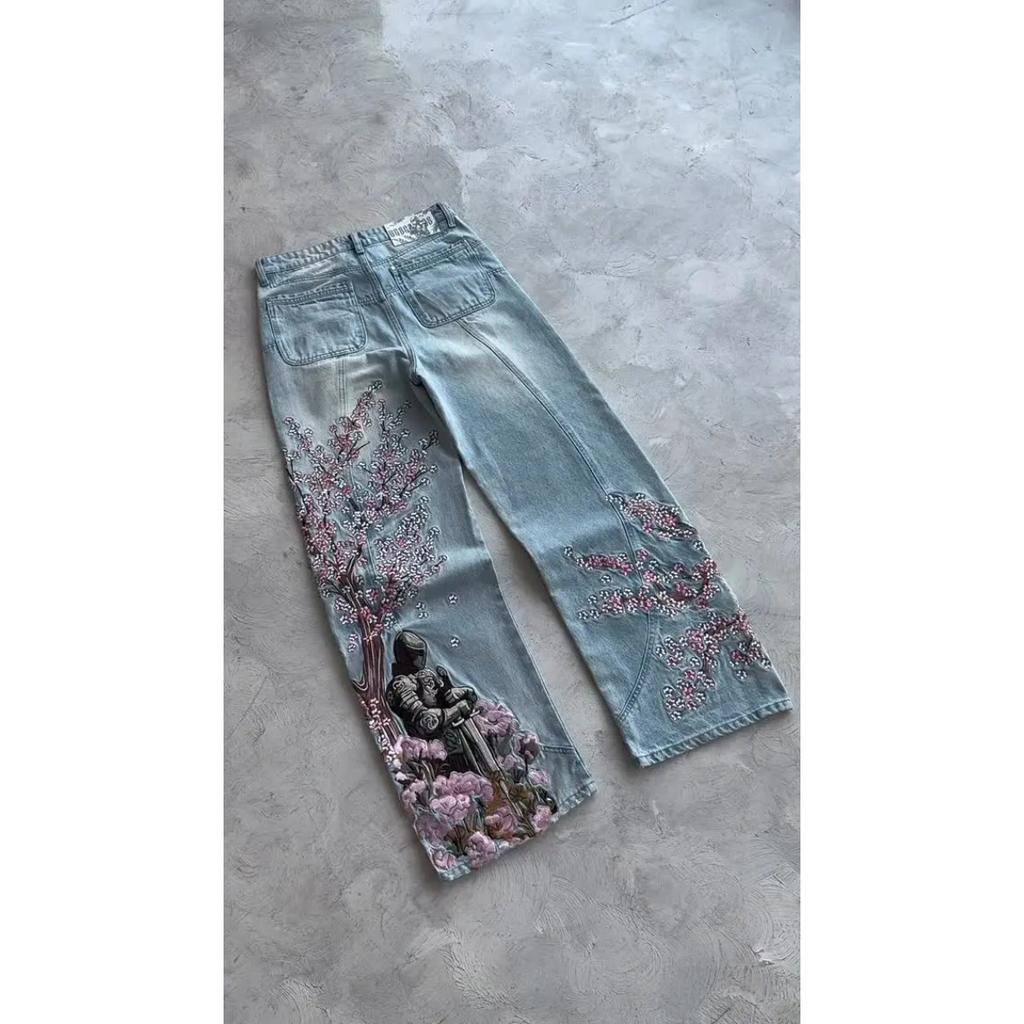 BeatStreet Vintage Cherry Blossom Black Knight Embroidery Jeans Y2k Retro Baggy Straight Denim Pants Blue Wash Jean