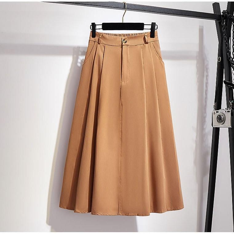 Danmo Falda de algodón para mujer estilo preppy de verano sólido casual elegante bolsillo elástico cintura alta una línea faldas midi