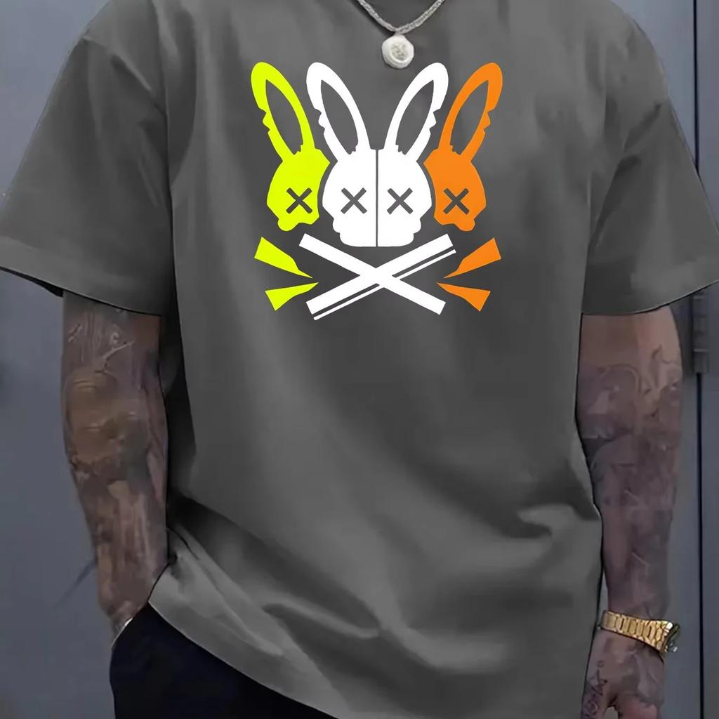2025 Men's 100_ cotton summer loose fit large Rabbit Skull Graphic printed slim fit casual sports round neck short sleeved