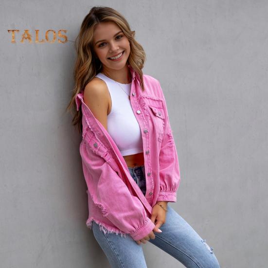Women Denim Jacket Retro Single-breasted Ripped Hole Turn-down Collar Long Sleeves Solid Color Flap Pockets Lady Coat Commuting Shopping Coat