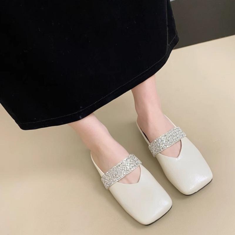 Fashion Square Slippers Summer New Baotou Shallow Mouth Crystal with Cover Foot Soft Sole Anti-slip Wear-resistant Flat Shoes