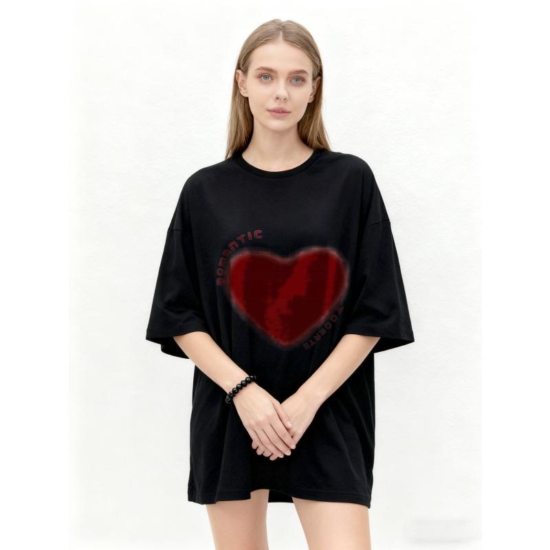 Oversized T Shirt Black Romantic Heart Print Graphic Tee Casual Wear for Women