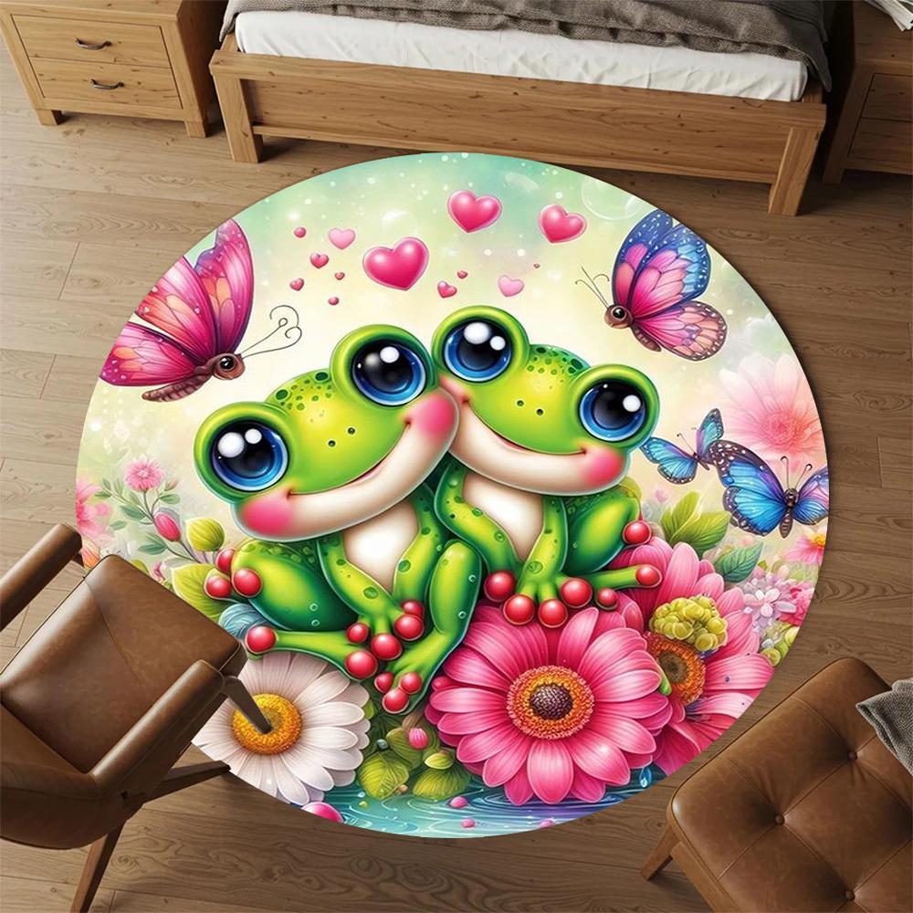 1PC Frogs Butterflies Flowers Round Chair Mat Area Rug - Non-Slip, Floor Mat for Office, Bedroom, Home Decor Christmas Gift C0528017