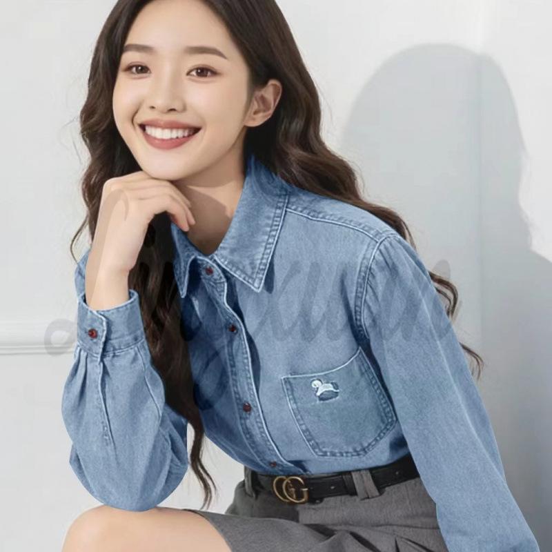 

Korean Slim Fit Denim Shirt with Energetic Style for Spring/Autumn Large синій